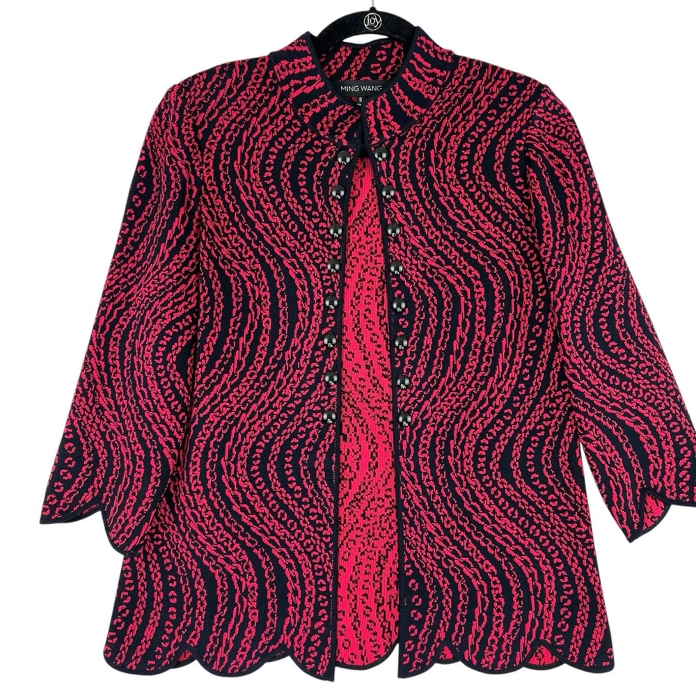 Ming Wang Red Black Knit Blazer Jacket Sz S Cardigan Swirl Office